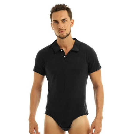 Alvivi Mens Cotton Short Sleeve Solid Color One-piece Thong Bodysuit Leotard Romper Black 4XL