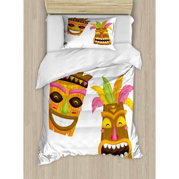 Luau Duvet Cover Set Twin Size, Summer Party Themed Exotic Happy Hawaiian Mask Designs on Plain Backdrop, Decorative 2 Piece Bedding Set with 1 Pillow Sham, White and Multicolor, by Ambesonne