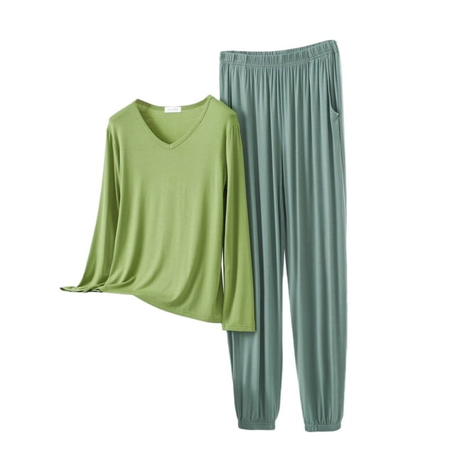 Women Pajama Sets V Neck Long Sleeved Plus Size Home Suit Set For Women Thin Design Solid Color Long Sleeved Pants Two Piece Set Woman Blending Pajamas