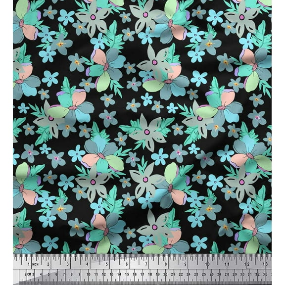 Soimoi Black Cotton Duck Fabric Leaves & Periwinkle Floral Print Sewing Fabric Yard 42 Inch Wide