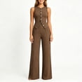 thumbnail image 5 of Women's 2 Piece Business Casual Outfits Striped Button Up Sleeveless Tank Tops with Pants Comfy Set Khaki L(L), 5 of 8