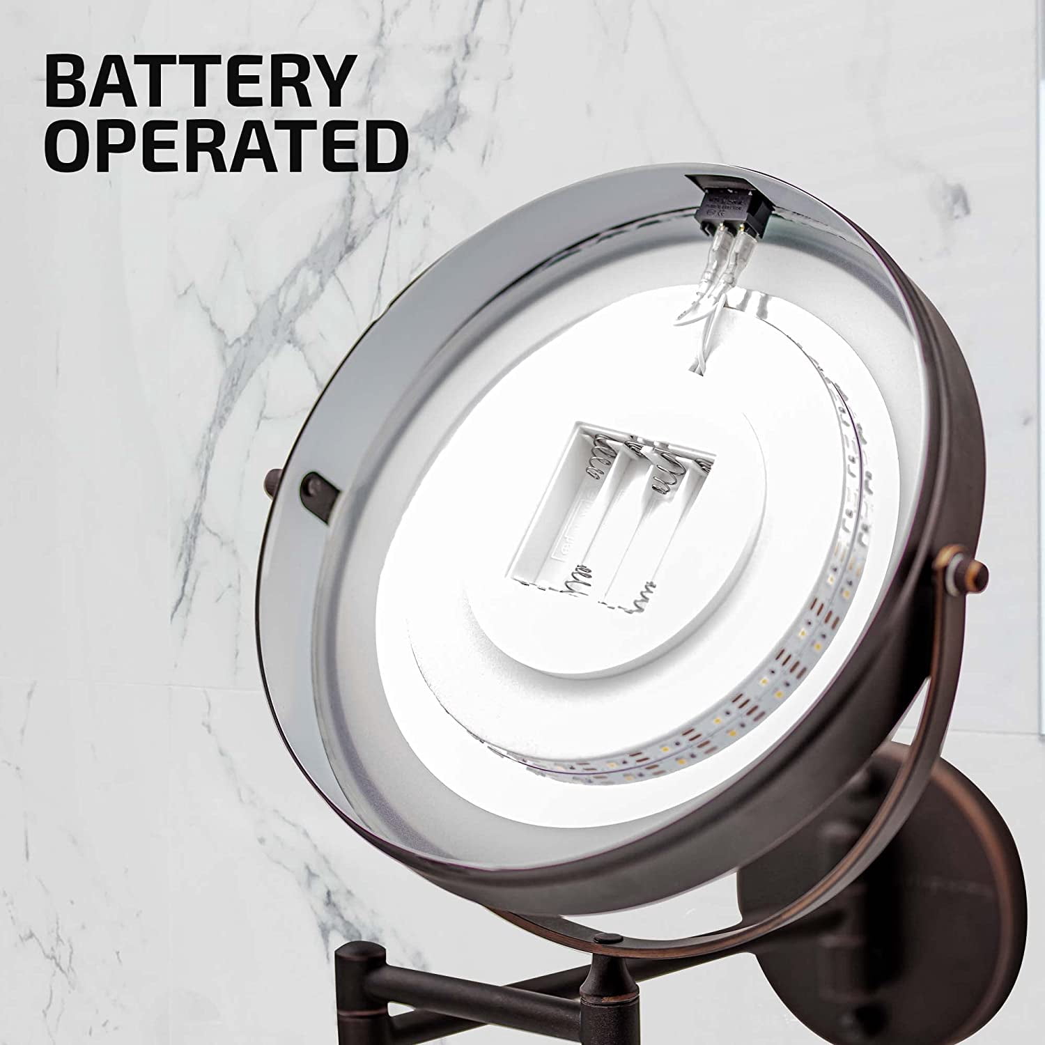 OVENTE Lighted Wall Mount Makeup Mirrors 8.5 Inch 1X 7X Magnifier Circular LED Double Side 360 Degree Extending Control Folding Arm Battery Powered Shave Vanities Large Antique Bronze MFW85ABZ1X7X