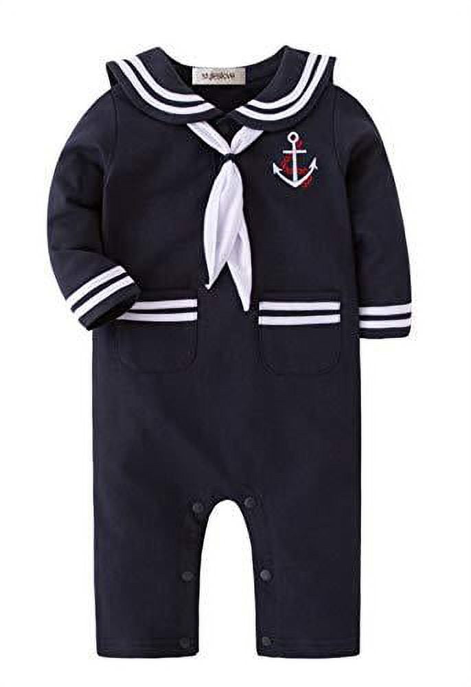 stylesilove.com Baby Boy Marine Sailor Cotton Romper Onesie with Hat and Necktie 3pcs Holiday Outfit Costume