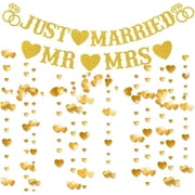 Just Married Party Decorations, Gold Glitter Just Married Mr & Mrs Banner with Heart Garland for Bridal Shower Engagement Wedding Party Decorations Supplies