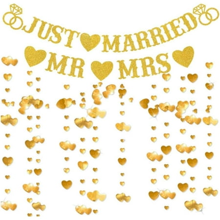 Just Married Party Decorations, Gold Glitter Just Married Mr & Mrs Banner with Heart Garland for Bridal Shower Engagement Wedding Party Decorations Supplies
