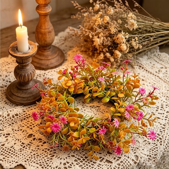 AuroraX Mini Artificial Fall Candle Wreath Small Faux Floral Candle Ring Realistic Silk Handmade Indoor Thanksgiving Table Decor Orange