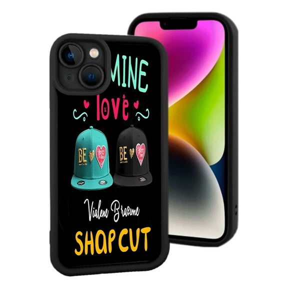 iPhone 15 Lightweight Phone Case - ' MINE LOVE ' Design with Turquoise & Pink Hearts Baseball Caps Yellow & White Text