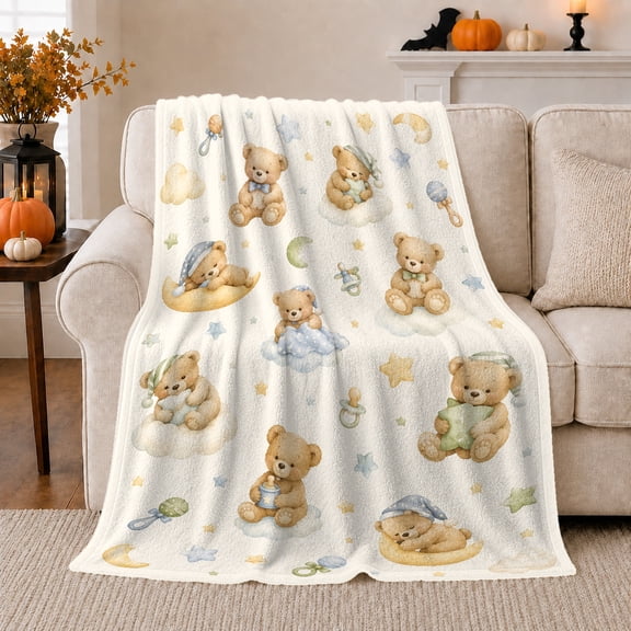 Dreamy teddy bear moon Flannel Blanket cozy bedtime nursery artwork Home Decor for couch bedroom playroom reading nook, Baby Shower Gift for new parents and kids