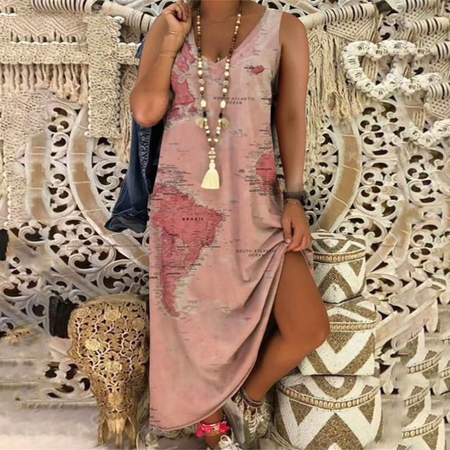 SMihono Robe Maxi Boho d'Été pour Femmes Grande Taille Femmes Décontractée Grande Taille Imprimé Col en V Poches Sans Manches Robe Maxi Longue Plage Balançoire Robe d'Été