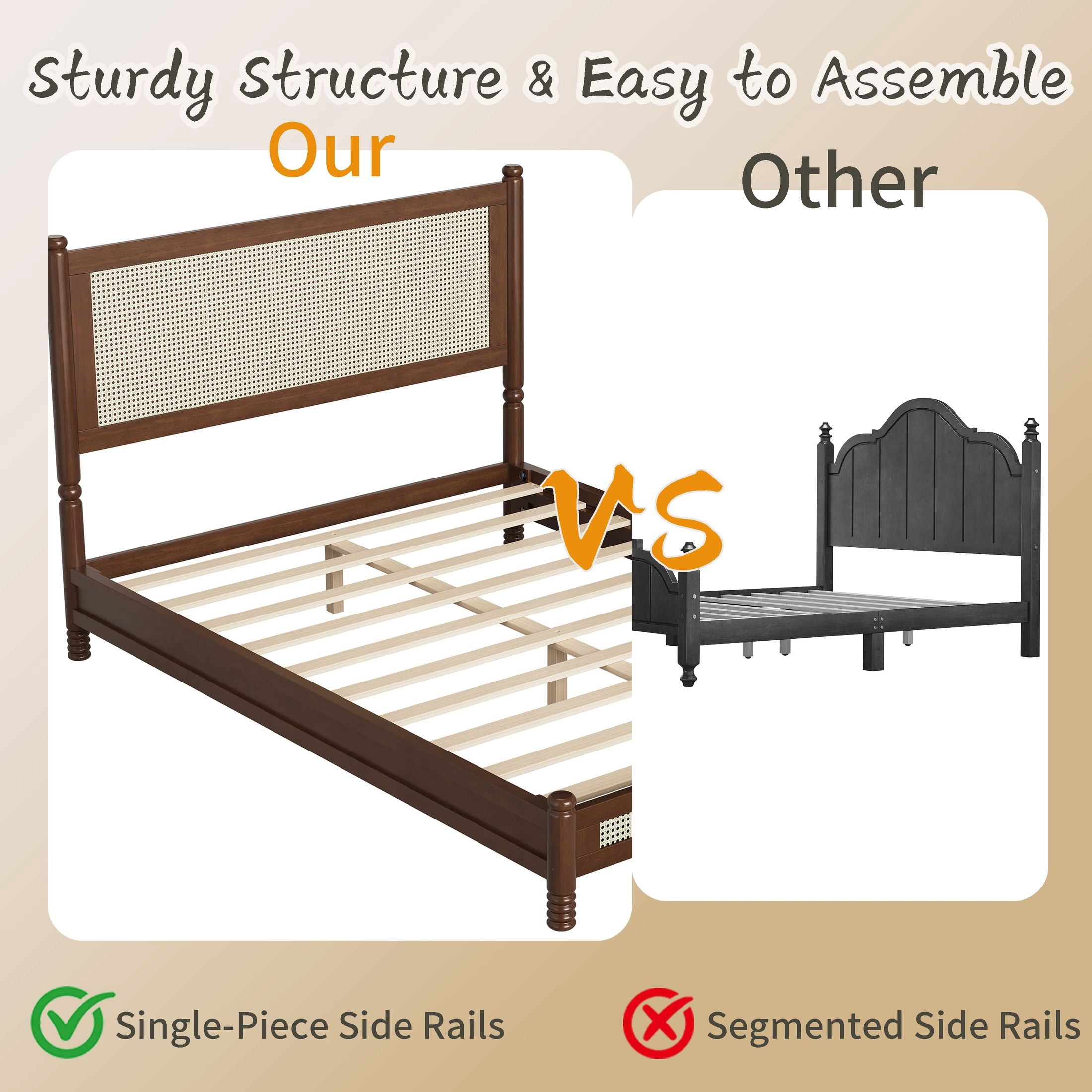 GDF Studio Annes Full Size Boho Rattan Platform Bed Frame with Turned Legs, Woven Cane Pine Wood Bed Frame, Walnut