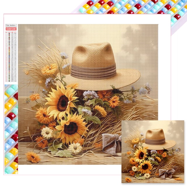 Pintura de diamante 5D DIY, Kit de sombrero de girasol con cuentas cuadradas completas, decoración del hogar, 35x35cm