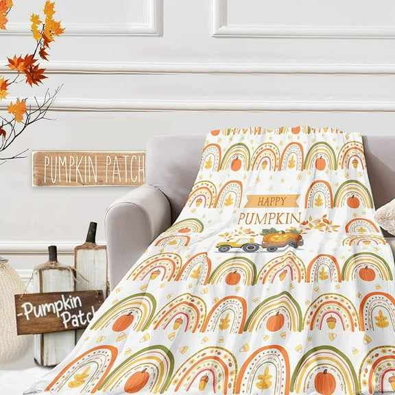 Fall Throw Blanket Pumpkin Blanket Thanksgiving Harvest Home Decor Autumn Leaves Rainbow Pumpkin Soft Fleece Blankets for Couch Chair Bedroom (50" x 60")