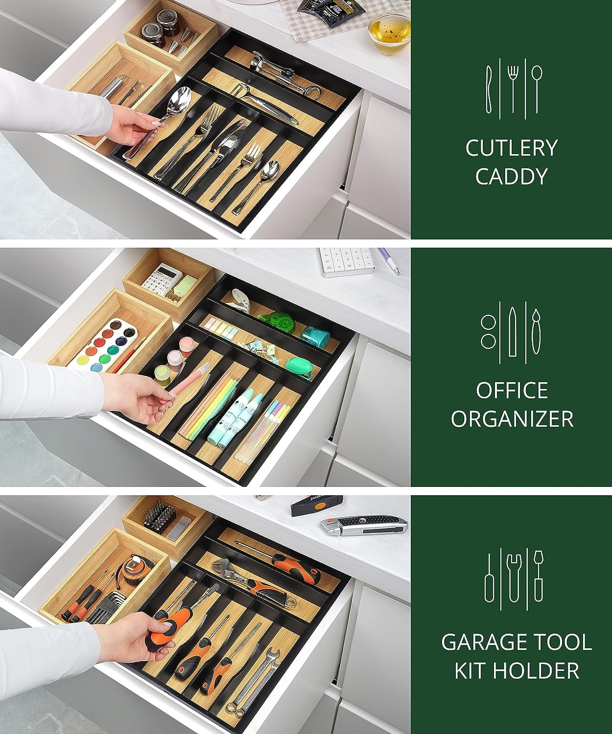 Royal Craft Wood Bamboo Kitchen Drawer Organizer Tray – Silverware Drawer Organizer and Utensil Holder for Flatware, Cutlery & Kitchen Storage (7 Slot, Nordic)