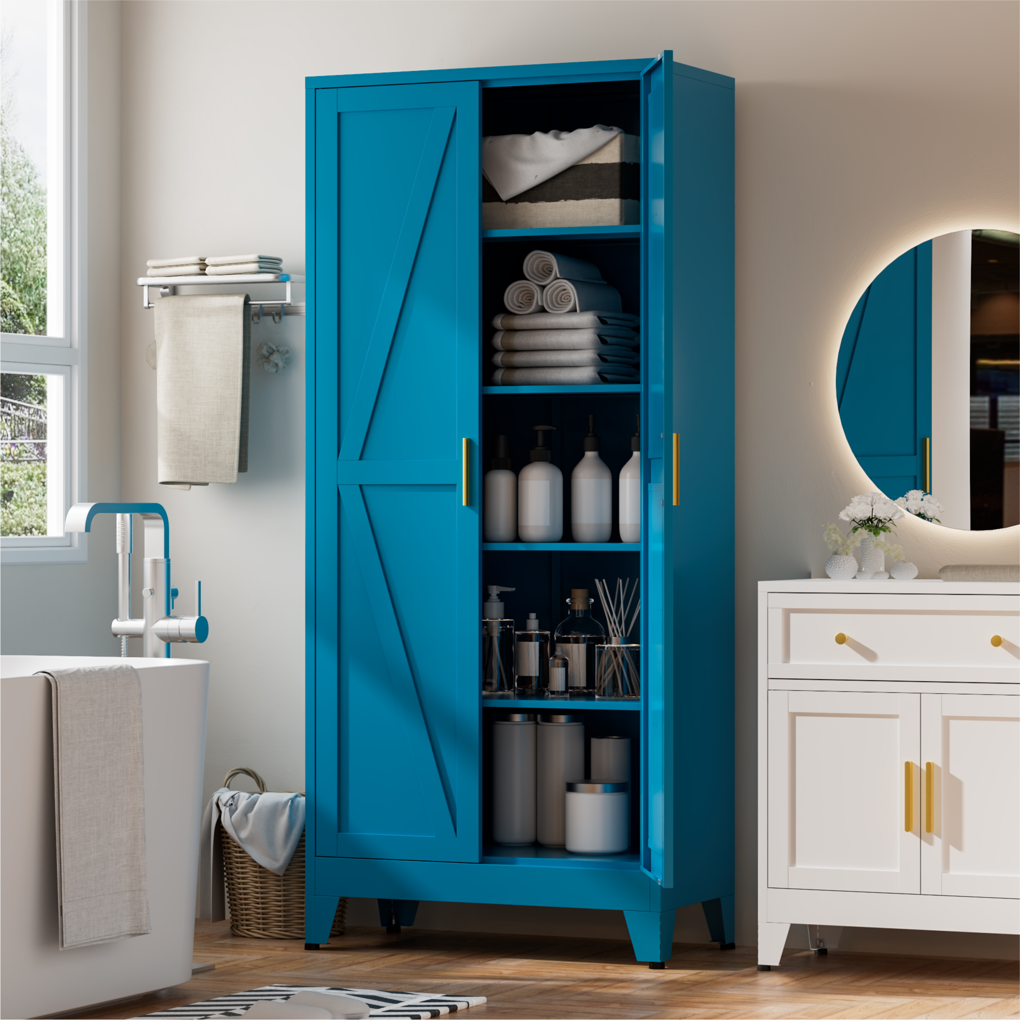 CHSHIN Metal Kitchen Pantry Cabinet, 71" Blue Farmhouse Storage Cabinet with 2 Vintage Barn Doors and 4 Adjustable Shelves, Rustic Freestanding Cupboard for Kitchen