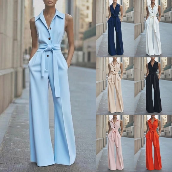 Lovzfmll Women's Jumpsuit, Sleeveless Collared Wide Leg Full Length, Casual Summer Jumpsuit Light Blue, S