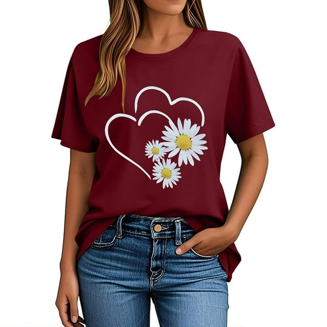 Pisexur Hauts pour Femmes T-Shirt Graphique de la Saint-Valentin - Col Rond Manches Courtes Imprimé Vin,G