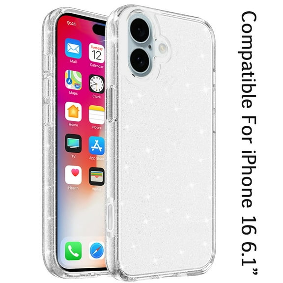 For Apple iPhone 16 (6.1") Transparent Glitter Shiny Sparkle Bling TPU Rubber Hard Back Hybrid Frame Shockproof Cover ,Xpm Phone Case [ Clear ]