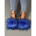 thumbnail image 5 of Minimalist Fluffy Slides,Women's Fashion Gradient Color Imitation Fox Fur Home Slippers Toe-baring Flat Blue Slippers, 5 of 5