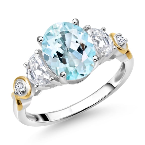 Gem Stone King 925 Silver and 10K Yellow Gold 3-Stone Ring Oval Sky Blue Topaz and Moissanite (2.50 Cttw, Size 7)