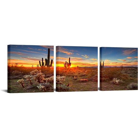 3 Panel Canvas Prints Colorful Sunset with Saguaro Cactus Sonoran Desert Arizona Photo Wall Art Natural Scenery Poster Pictures for Walls Decoration Each Panel 12x12 (Small)