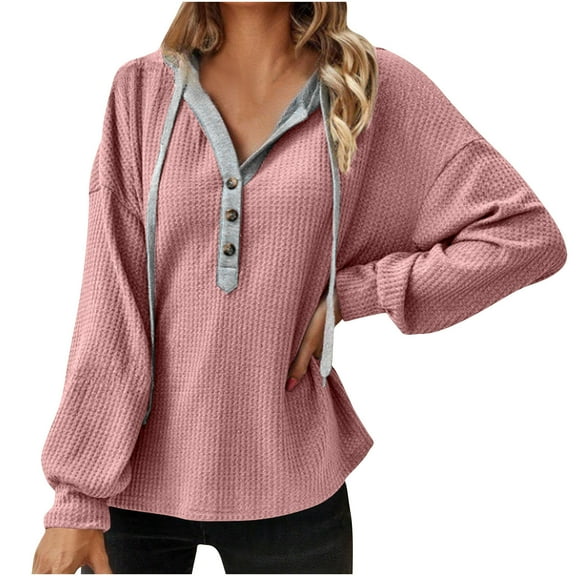 Makaor Womens Sweatshirts Lightweight Hooded Tops Button Solid Long Sleeve Pullover Tees Casual Vacation Clothes