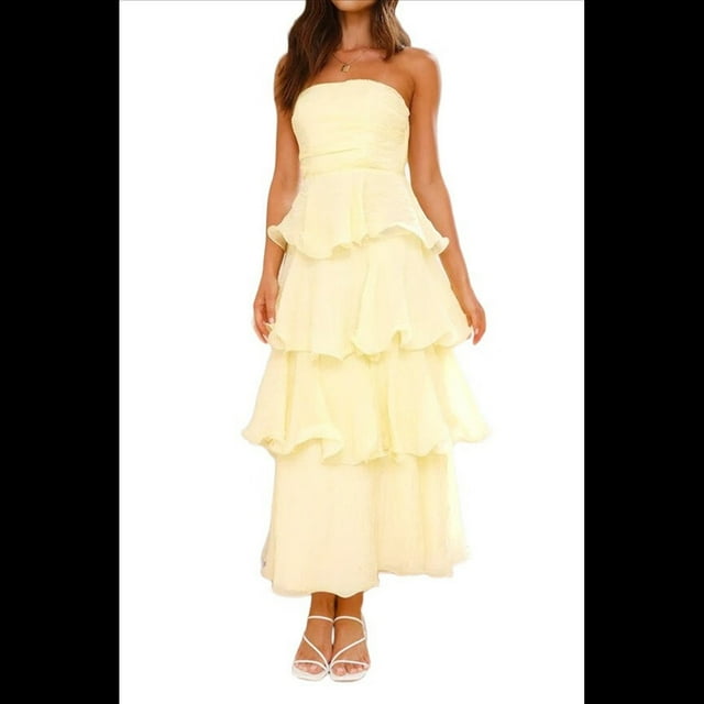Vestido de Verano Sin Tirantes para Mujer, con Volantes, , Liso, Espalda Descubierta, Fruncido, Elegante, Fluido, para Playa. Amarillo L
