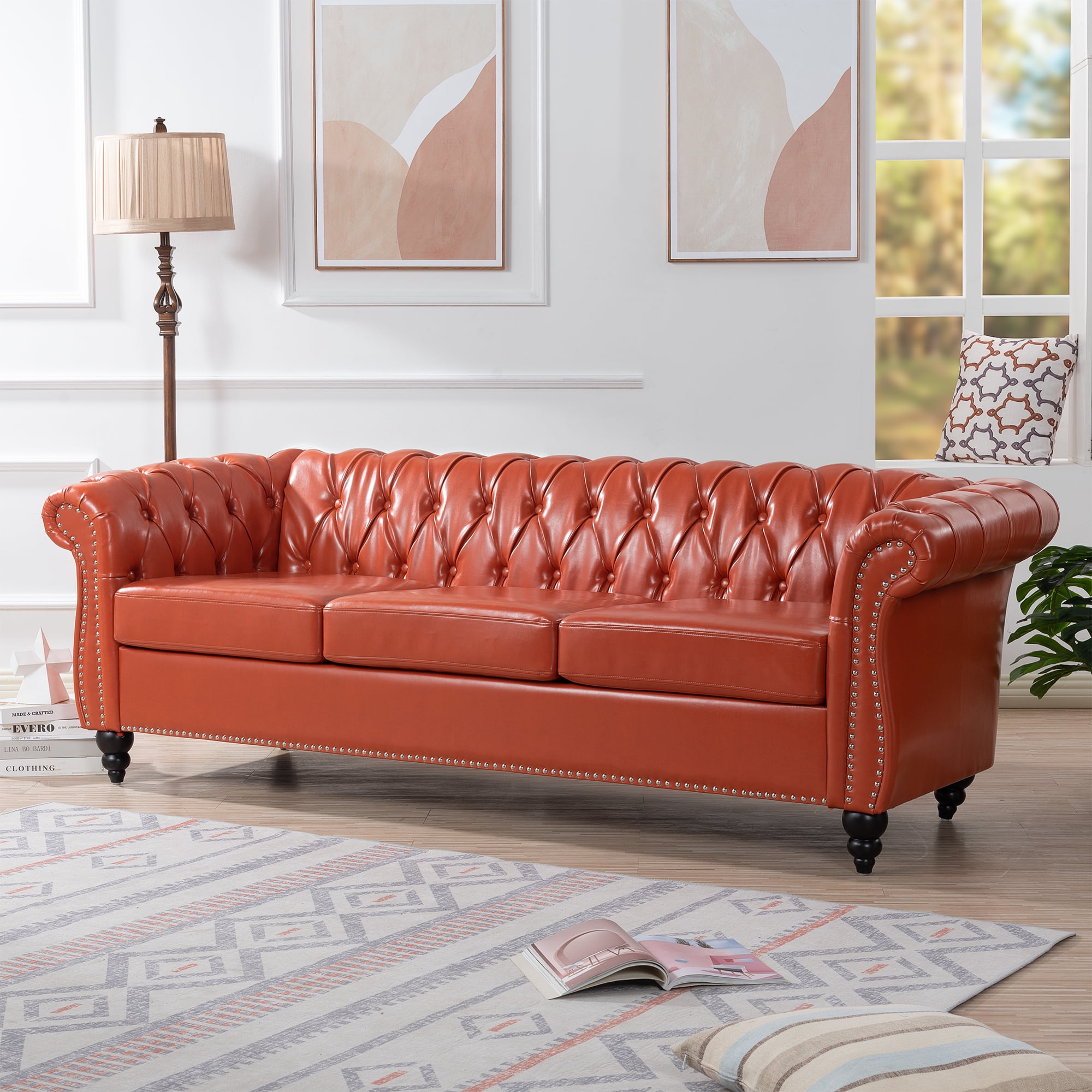 Chesterfield Black 3-Seater Sofa, PU Tufted, Thick Cushion