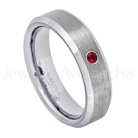 6mm Ladies Beveled Tungsten Ring - 0.07ct Solitaire Ruby Ring - Personalized Tungsten Wedding Ring - Custom Made July Birthstone Ring TN038BS