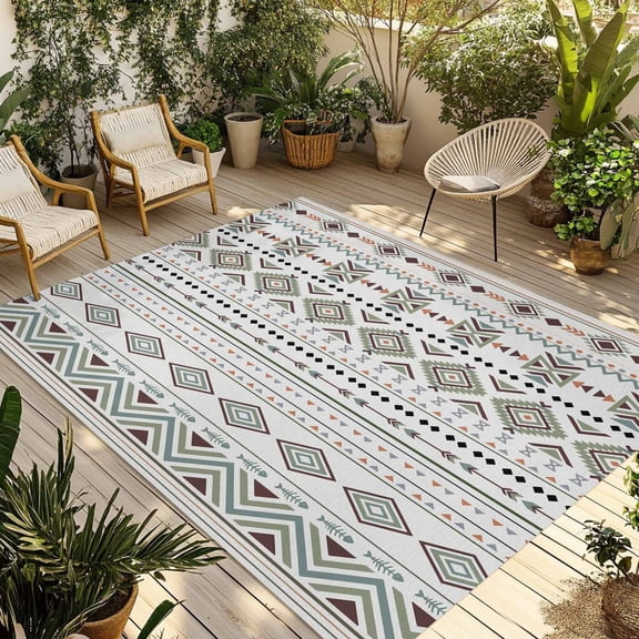 Sage Green Boho Outdoor Rug for Patio/Deck/Porch, Non-Slip Large Area Rug 4 x 6 Ft, Vintage Ethnic Tribe Abstract Art Indoor Outdoor Rugs Washable Area Rugs, Reversible Camping Rug Carpet Runner