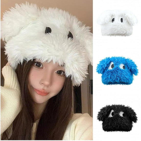 Fluffy Beanie Hats for Women Cartoon Puppy Design Winter Plush Warm Knit Skull Cap
