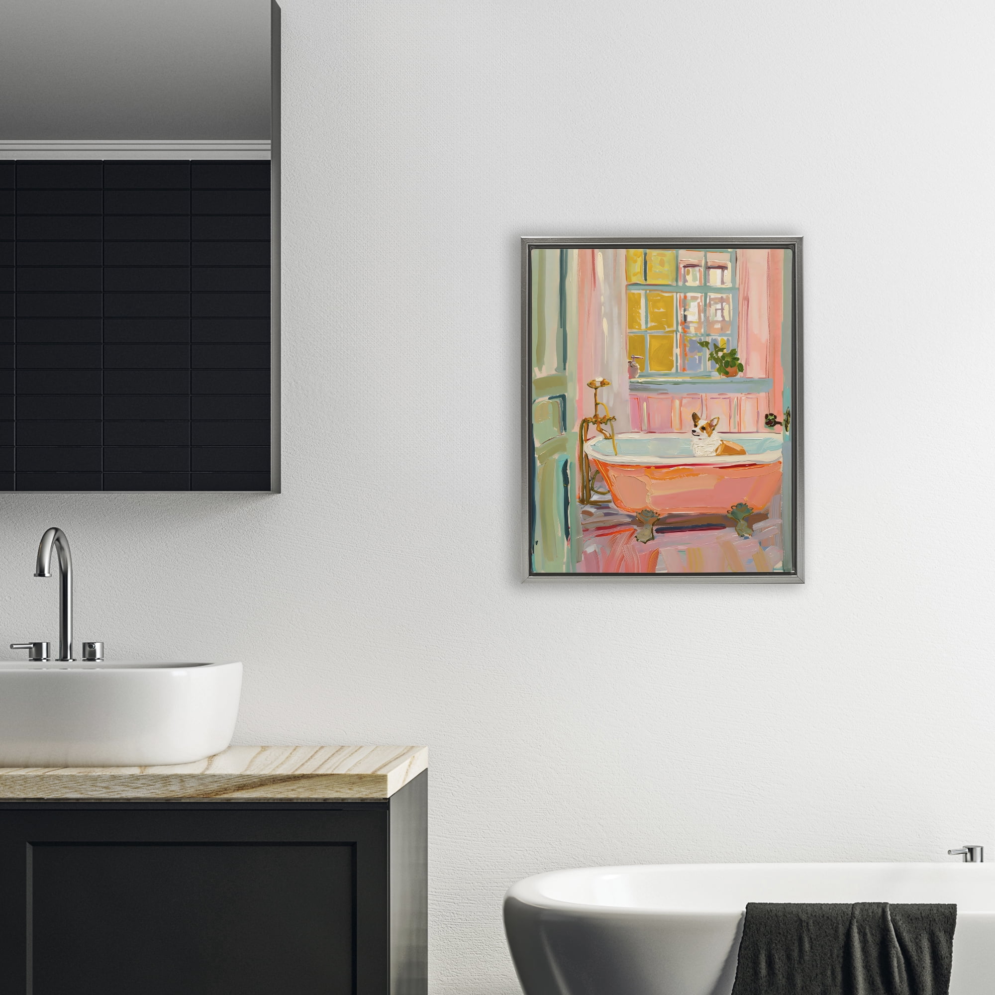 Stupell Industries Corgi in Bathtub Gray Framed Floater Canvas Wall Art, design by The Prints Vibe