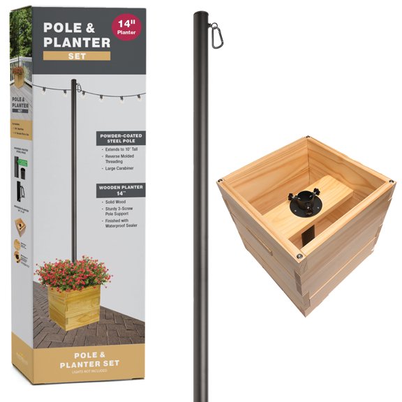Excello Global Products Brown & Black Steel Wooden Planter Box with 10' String Light Pole