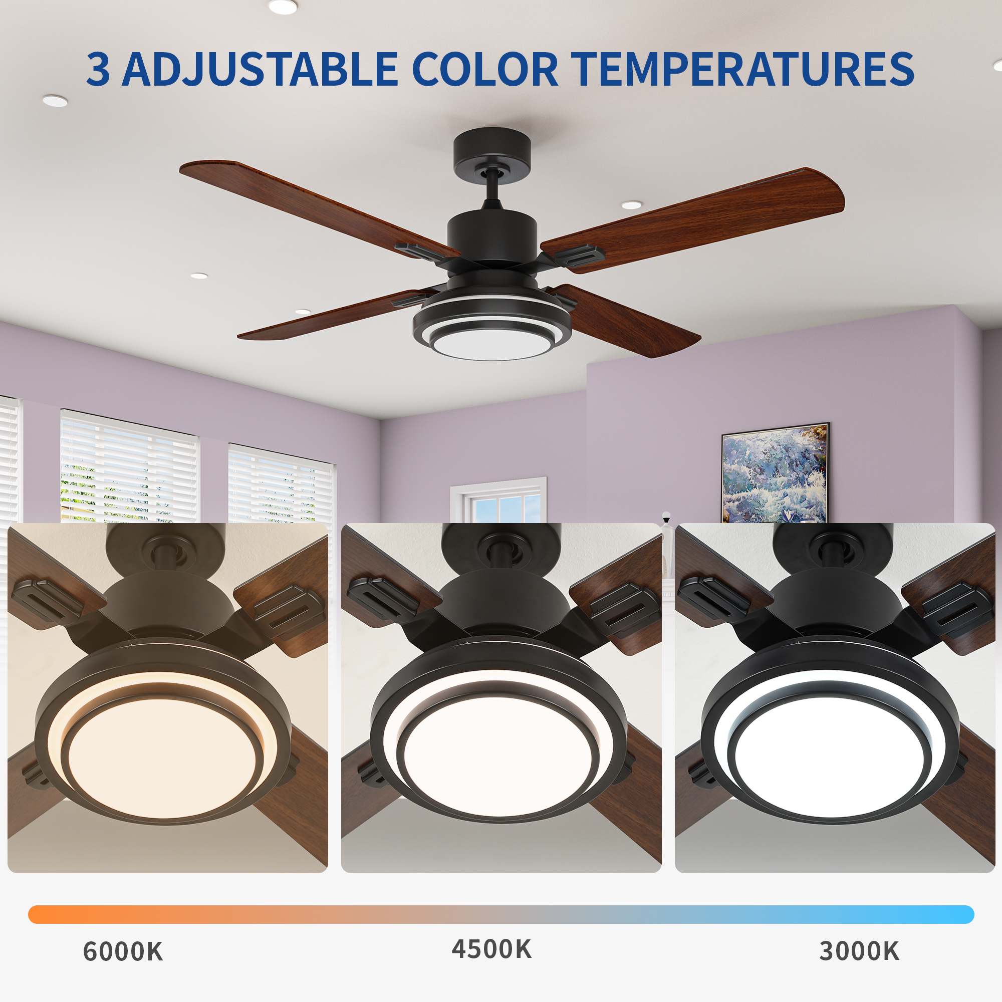 Uforic 52'' Ceiling Fan with Light and Remote Control, 6 Speeds, 5 Timer Settings, and Dual-Finish Blades (Black)