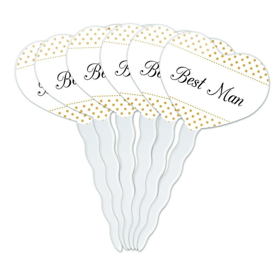 Best Man Wedding Elegant Polka Dots Heart Love Cupcake Picks Toppers Decoration Set of 6