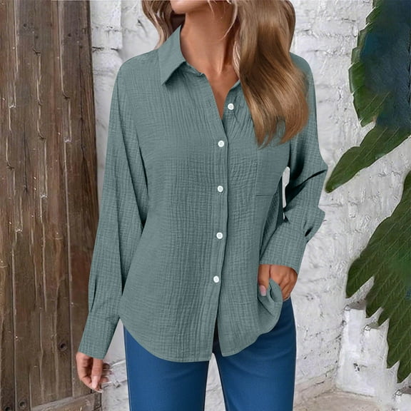 Fnooota Women's Button Down Shirts, Casual Lapel Spring Fall Loose Fit Long Sleeve Shirts Light Blue Size S-2XL