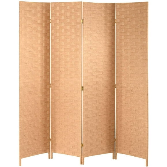 Room Divider Wood Screen 4 Panel Mesh Woven Design Room Divider Folding Portable Partition Screen Wood for Home Office, Natural