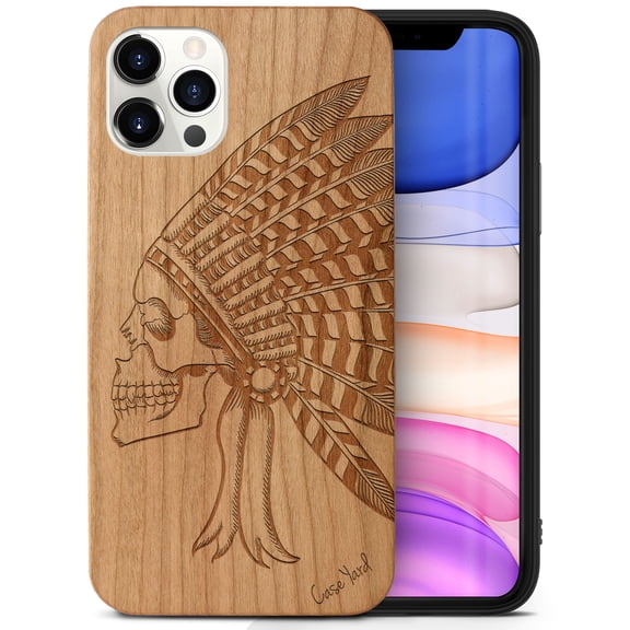 Case Yard Wooden Case Outside Soft TPU Silicone Slim Fit Shockproof Wood Phone Cover for Girls Boys Men and Women Supports Wireless Charging Indian Chief Skull Design case for iPhone-11-Pro-Max