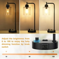 Industrial Bedside Table Lamp with USB-C Charging, Dimmable Black Ports & Glass Shade for Bedroom Office Living Room