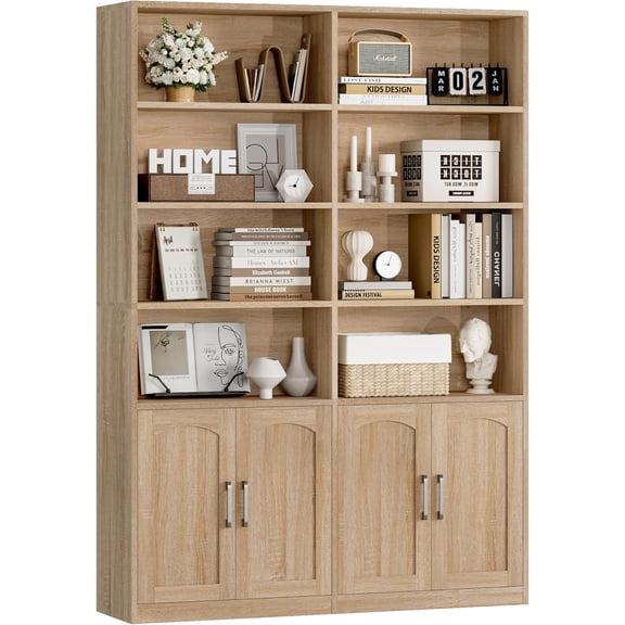 Bookshelf and Bookcase with Doors, 6 Tier Double Wide Large Bookshelves, Open Display Shelves, 73'' Tall Bookshelf with Storage Cabinets for Home Office, Living Room, Library, Oak