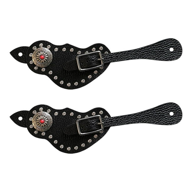 2 correas de espuela con hebilla, estilo retro occidental, de piel sintética, accesorios deportivos. Negro