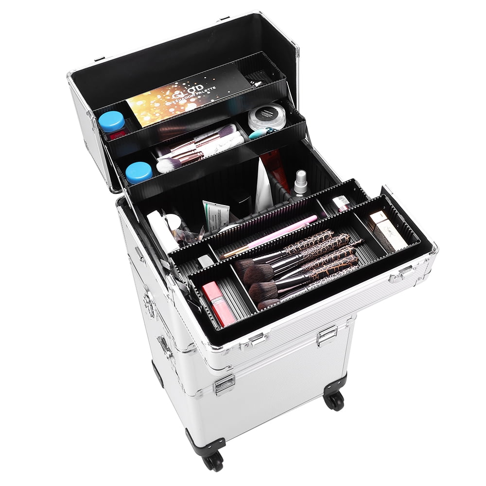 3 in 1 Professional Rolling Trolley Makeup Train Case, 14" x 9.5" x 28