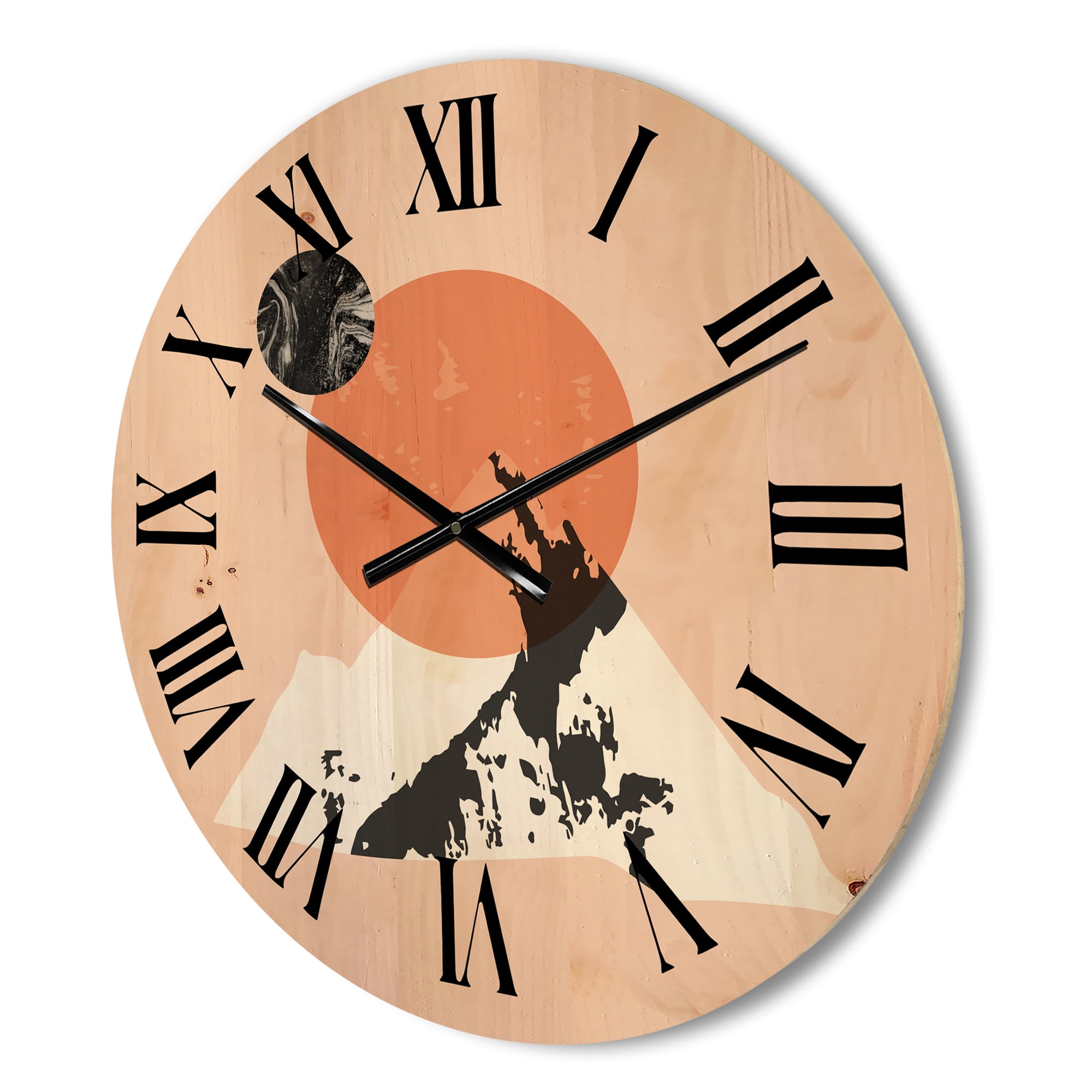 Designart 'Modern Minimalist Mountain Moon and Sun' Modern Wood Wall Clock