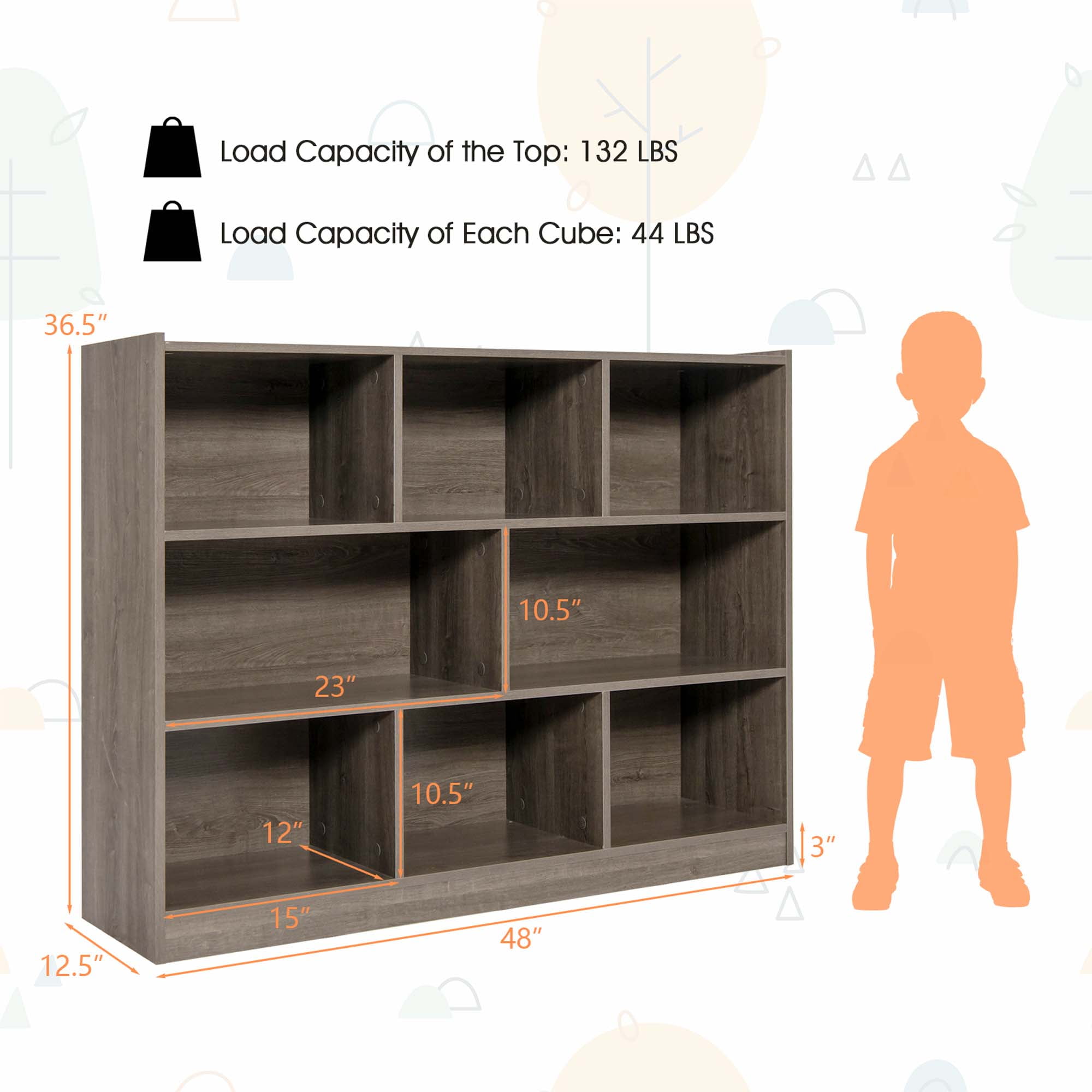 Costway 3-tier Open Bookcase 8-Cube Bookshelf Storage Display Cabinet French Oak Gray