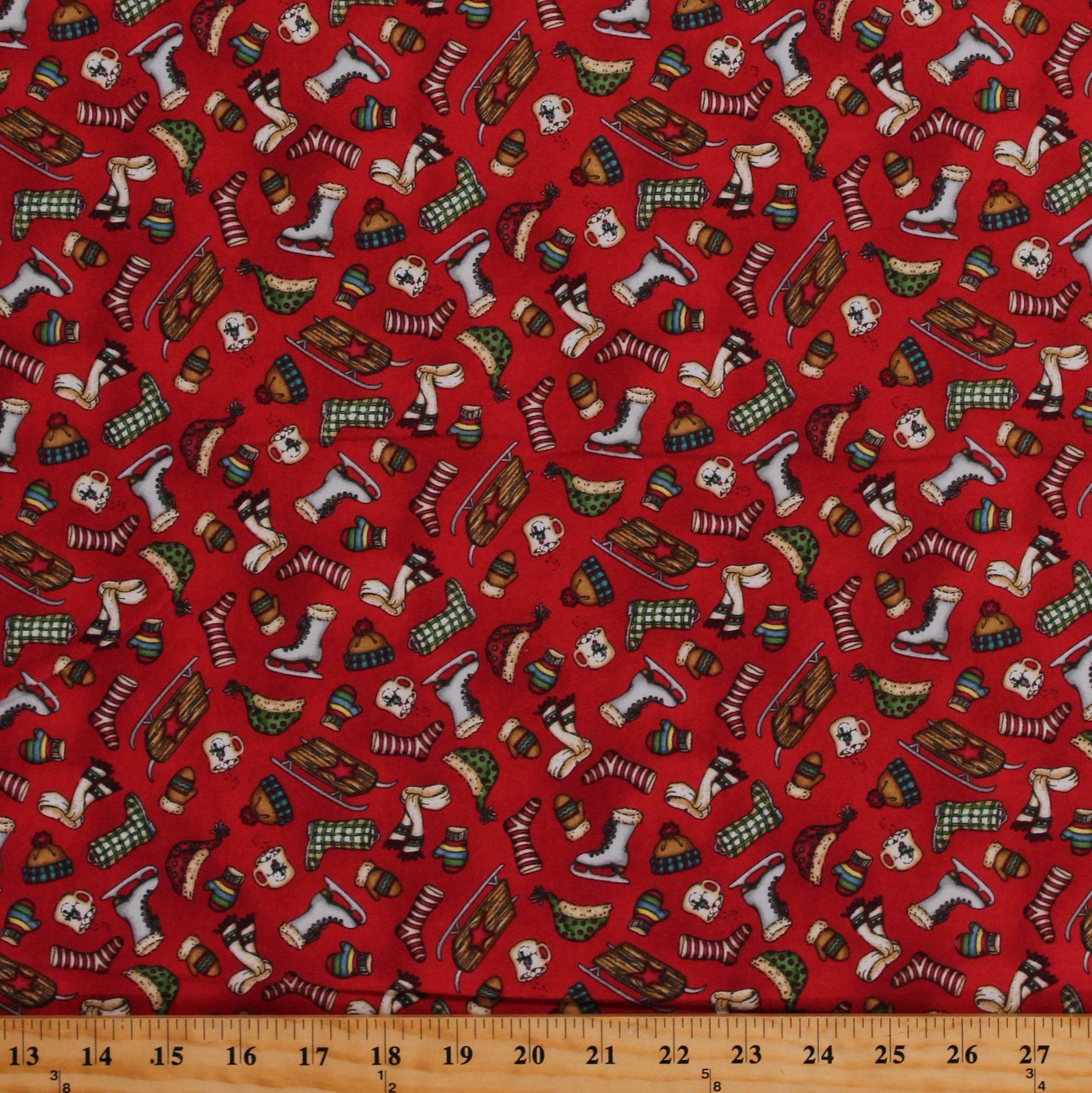 Flannel Christmas Joys Winter Scarves Hats Mittens Ice Skates Sleds Hot