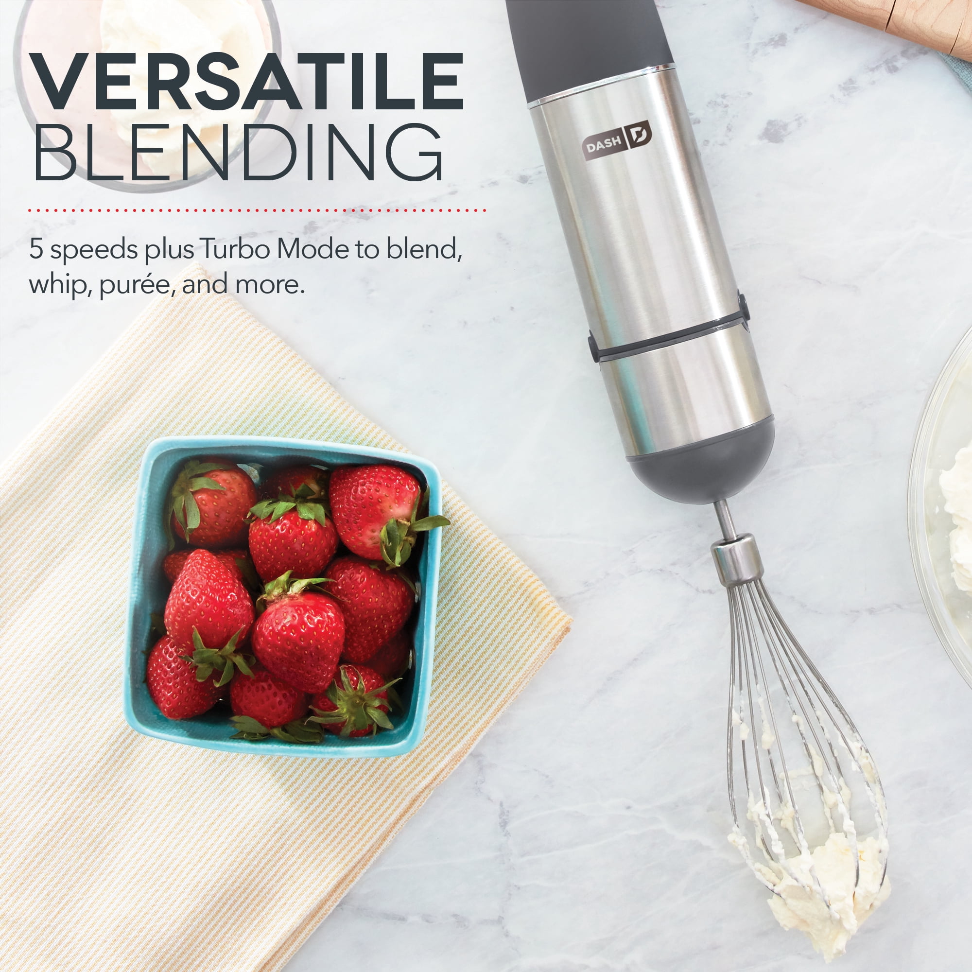 Dash Chef Series Immersion 5 Speed Stick Blender - Stainless Steel Blades -Whisk Attachment, Grey