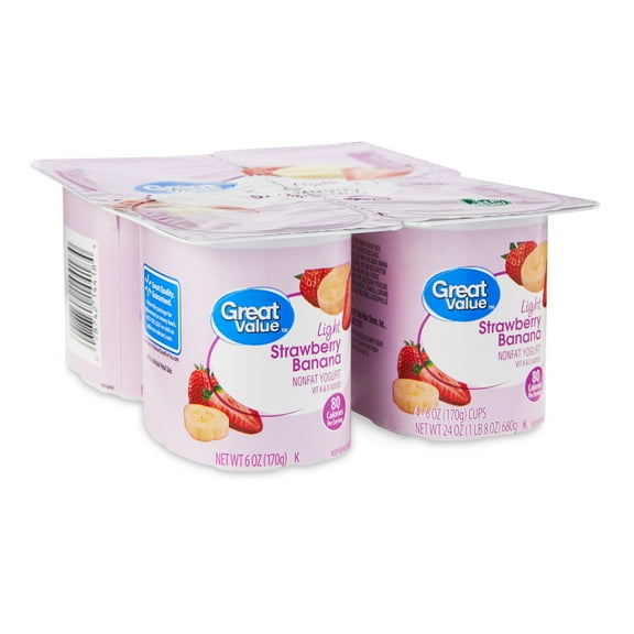 Great Value Light Strawberry Banana Nonfat Yogurt, 6 oz Cups, 4 Count