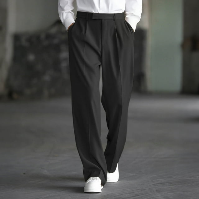 Ceisia Men's All-Season Solid Color Pleated Gift Draped Straight Leg Pants Elastic Drawstring Waist Pockets for Outdoor Casual Daily Work Wear