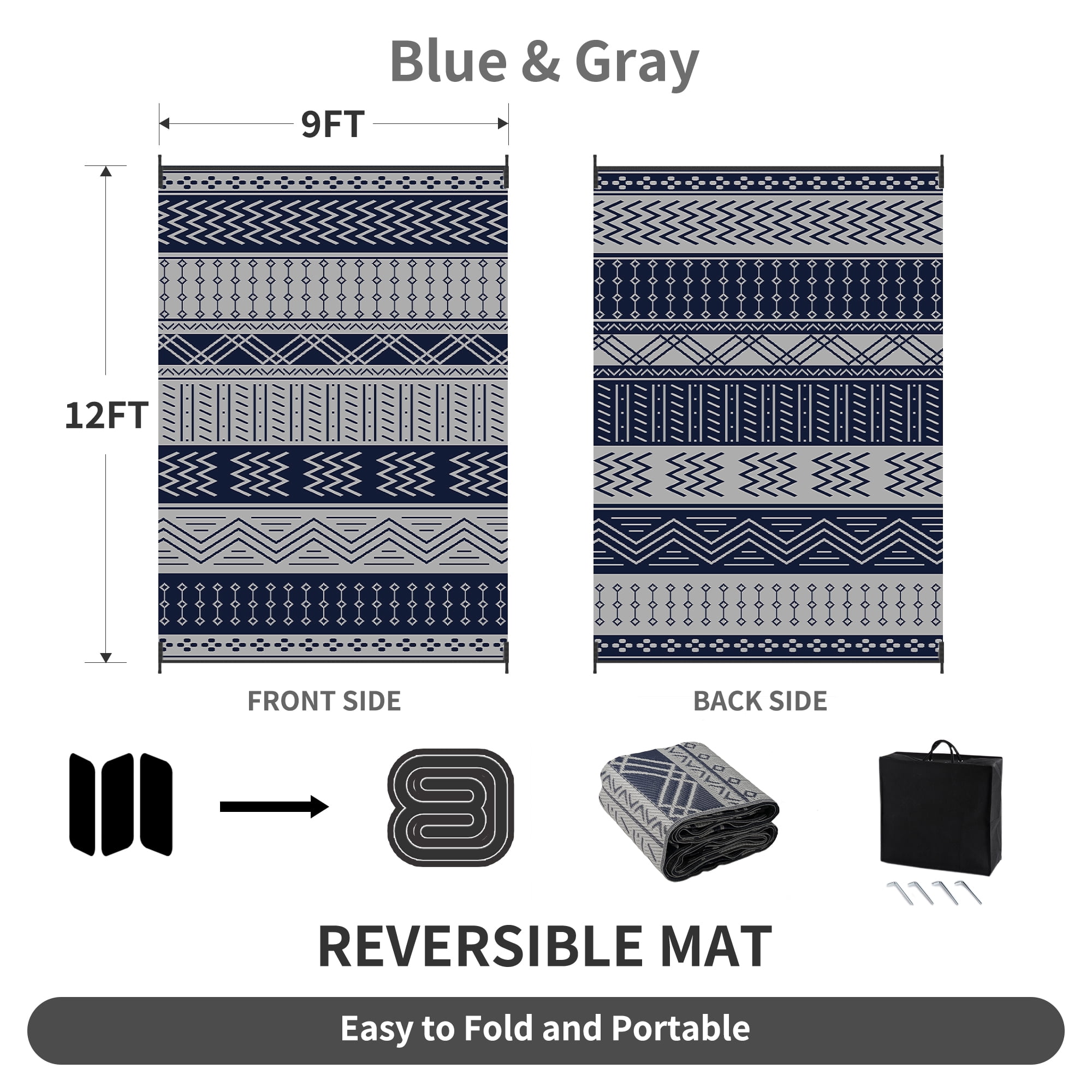 SIXHOME Outdoor Rug 9'x12' Waterproof Patio Rug Reversible Indoor Outdoor Rug Lightweight Plastic Straw Rug for RV Camping Deck Balcony Boho Porch Decor Blue and Gray
