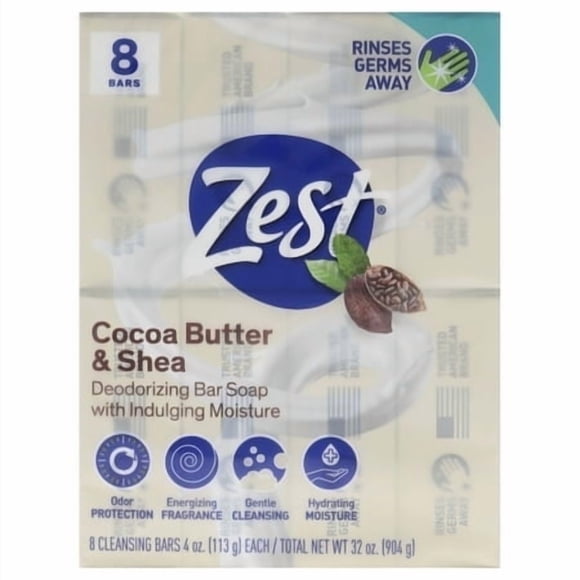 Deodorant Bar Soap - Cocoa Butter and Shea by Zest for Women - 8 x 4 oz Bar Soap