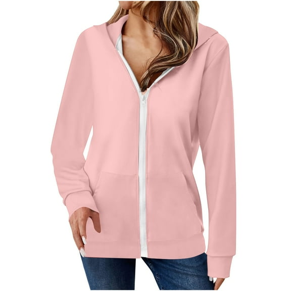 Women's Full Zip Up Jackets Hoodies Fall Long Sleeve Cardigan Solid Color Hooded Sweatshirts Loose Comfortable Outdoor Vacation Coat Outwears for Women